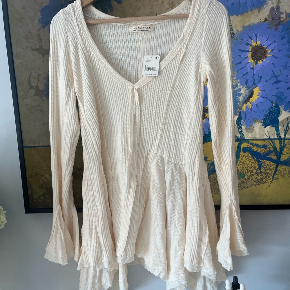 We The Free Cream Ribbed Button-Up Knit Top